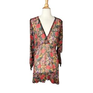The Kooples Paris Mini Dress Cocktail Sheer Floral‎ Chiffon Deep V-Neck